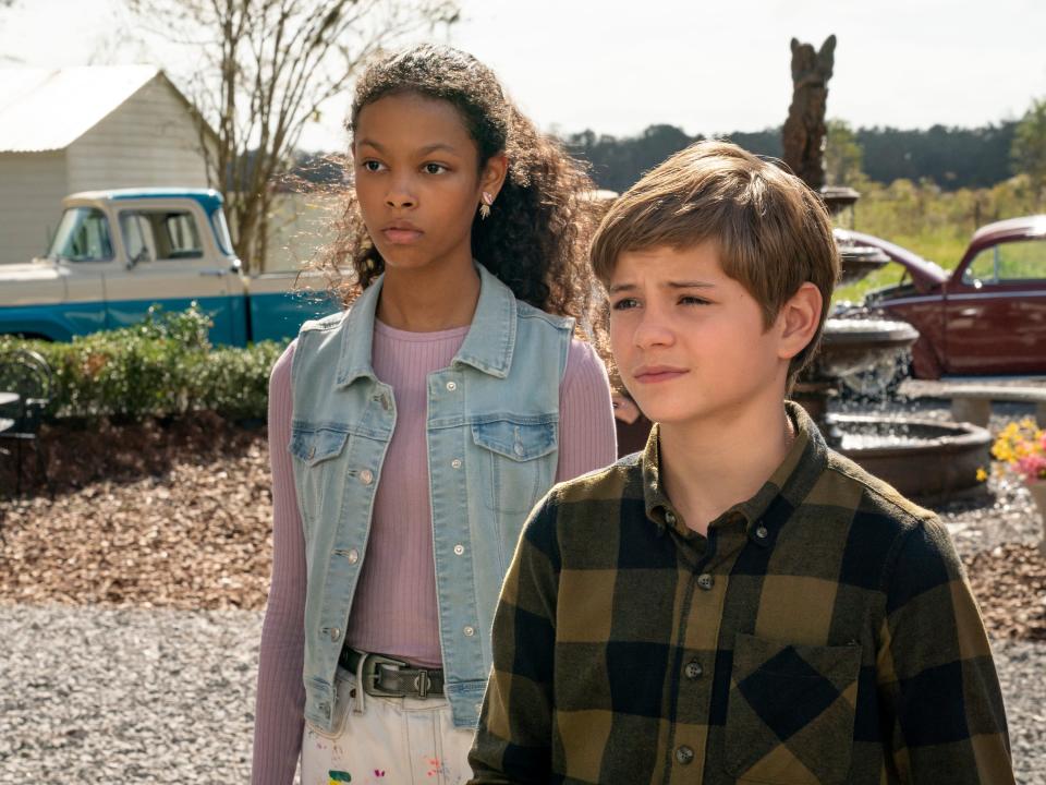 Kyleigh Curran and Preston Oliver as Harper and Griffin in "Secrets of Sulphur Springs" season one.