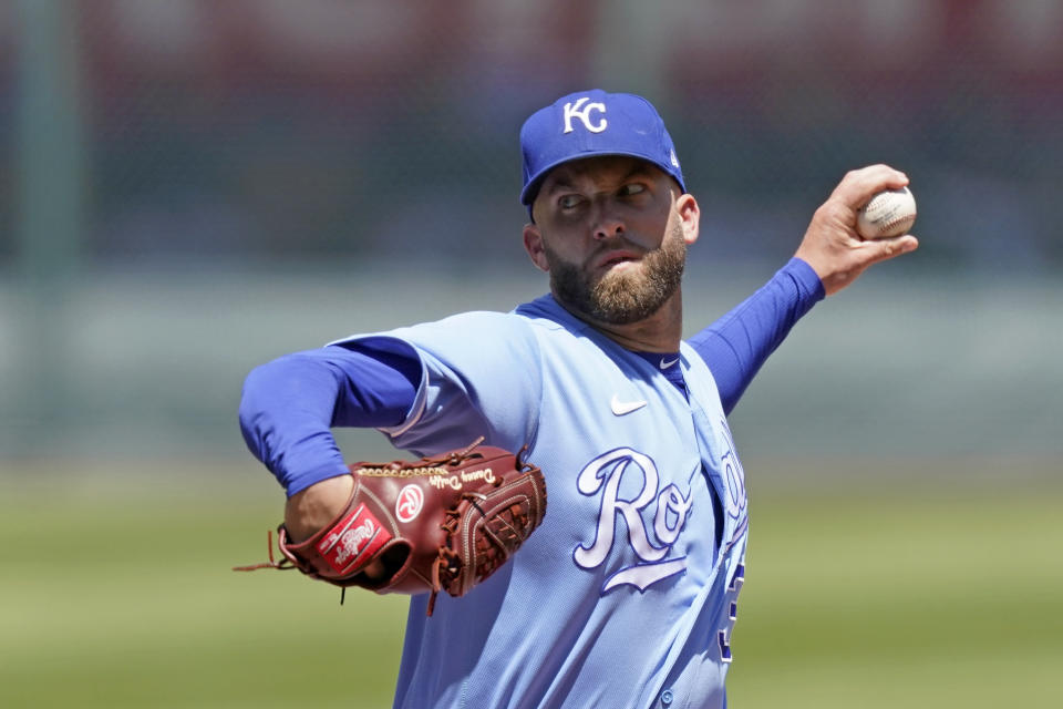 Kansas City Royals starting pitcher Danny Duffy throws during the first inning of a baseball game against the Cleveland Indians Thursday, May 6, 2021, in Kansas City, Mo. (AP Photo/Charlie Riedel)