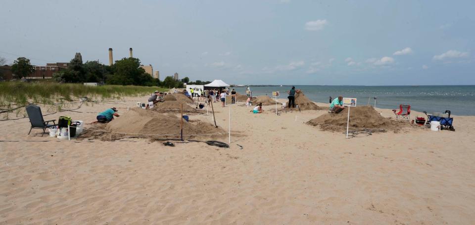 An overall during the Wisconsin Sand Sculpting Festival at Red Arrow Park and Beach, Friday, July 14, 2023, in Manitowoc, Wis.