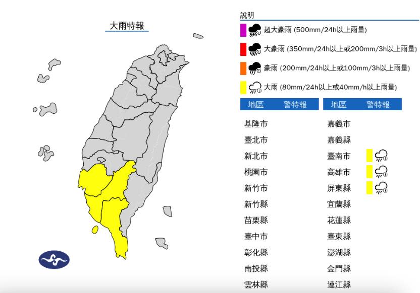 快新聞／雨彈炸南台灣！3縣市大雨特報　慎防雷擊、強陣風