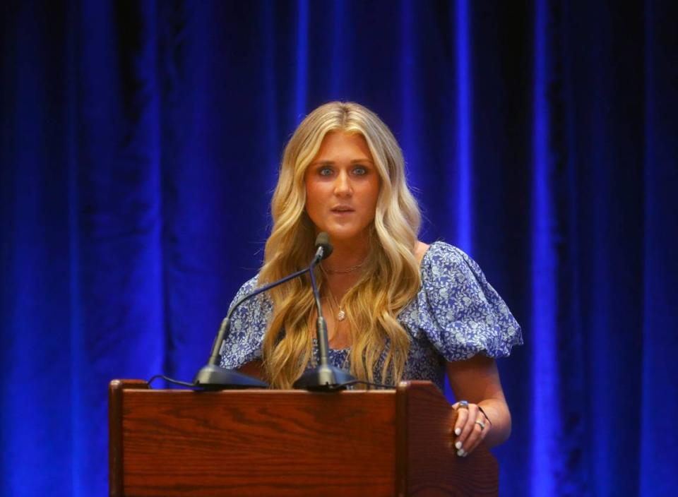 University of Kentucky Championship Swimmer and Leading Advocate for Women in Athletics Riley Gaines spoke at the 107th Annual Lincoln Day Dinner at the Kentucky State Fair.Aug 23, 2023