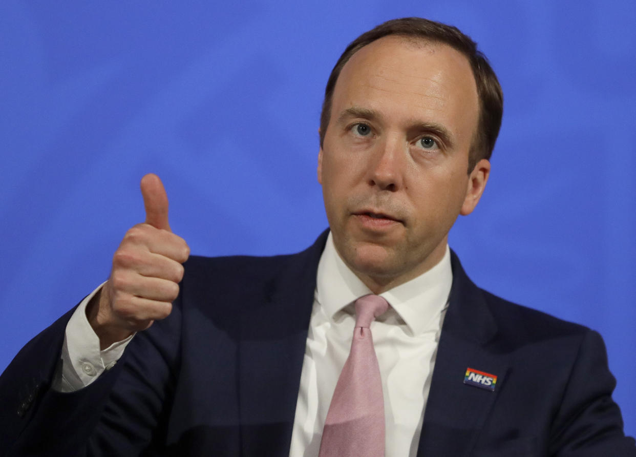 Britain's Health Secretary Matt Hancock speaks during a virtual press conference at 9 Downing Street in London, Wednesday, April 28, 2021. (AP Photo/Kirsty Wigglesworth, pool)