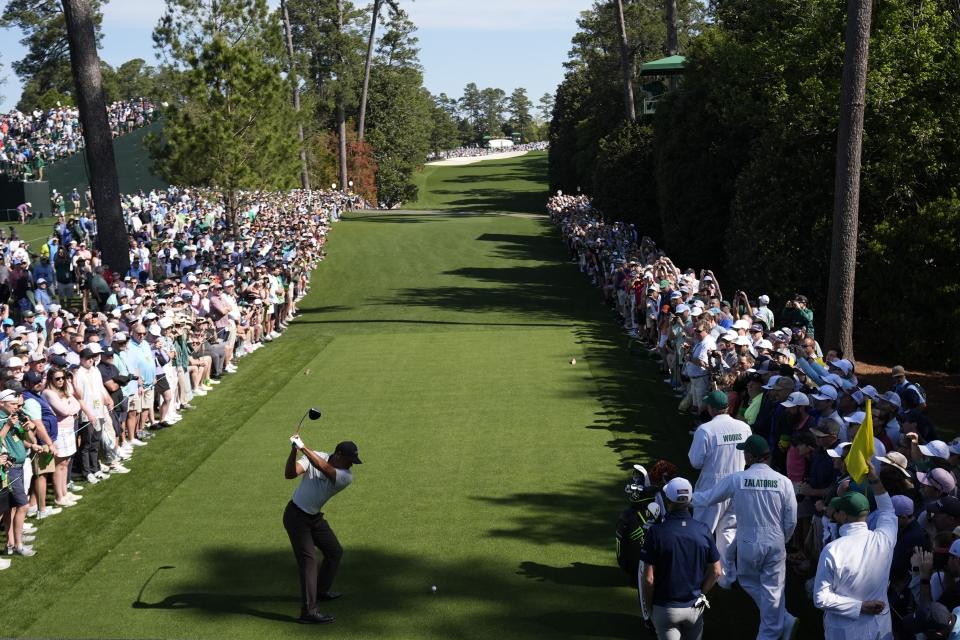 Tiger Woods tees off on the 18th hole during a practice round in preparation for the Masters golf tournament at Augusta National Golf Club Monday, April 8, 2024, in Augusta, Ga. (AP Photo/George Walker IV)