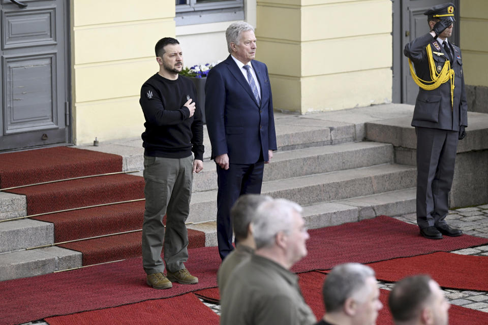 Ukrainian President Volodymyr Zelenskyy, left, and Finnish President Sauli Niinisto attend a welcoming ceremony at the Presidential Palace in Helsinki, Finland, Wednesday, May 3, 2023. Zelenskyy made an unannounced visit to the Finnish capital, Helsinki, for a one-day summit with Nordic leaders, as he pushes Ukraine’s Western allies to provide Kyiv with more military support. (Vesa Moilanen/Lehtikuva via AP)