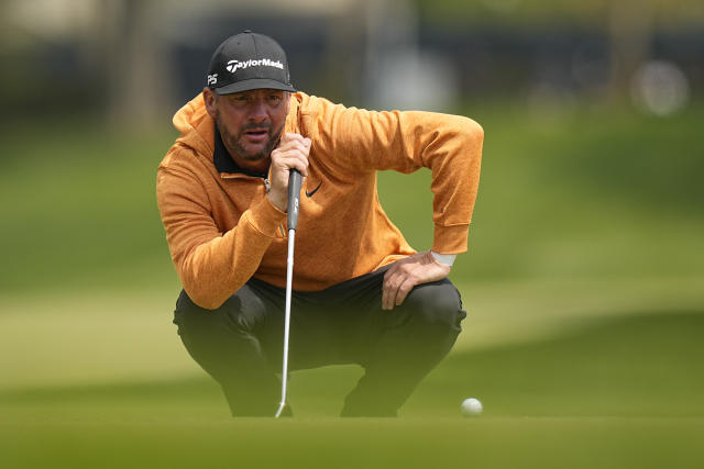 Michael Block lines up a putt on the eighth hole during the second round of the PGA Championship golf tournament at Oak Hill Country Club on Friday, May 19, 2023, in Pittsford, N.Y. (AP Photo/Eric Gay)