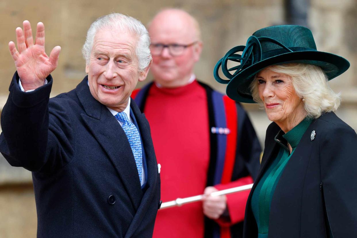 <p>Max Mumby/Indigo/Getty</p> King Charles and Queen Camilla attend the Easter Sunday Mattins Service at St George