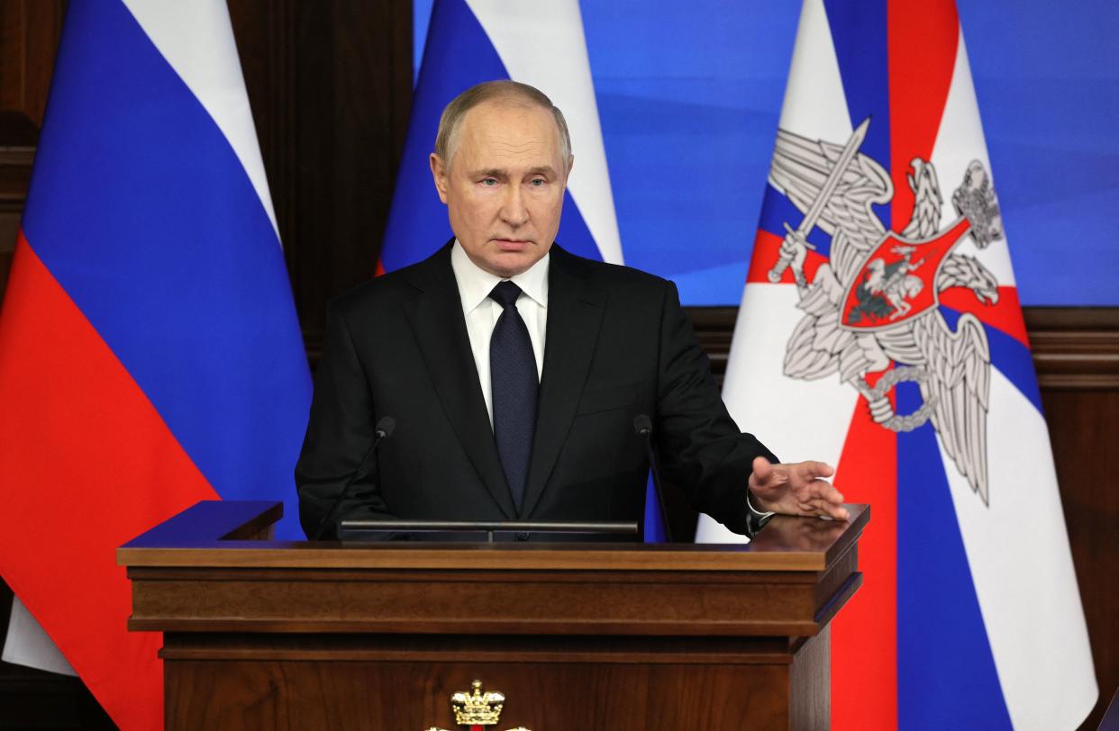 Russian President Vladimir Putin delivers a speech during an expanded meeting of the Russian Defence Ministry Board at the National Defence Control Centre in Moscow, on December 21, 2022. - Putin described today the conflict in Ukraine as a 