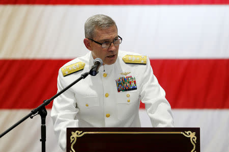 FILE PHOTO: U.S. Navy Vice Admiral Scott A. Stearney, Commander of 5th Fleet and head of Naval Forces Central Command, speaks during the Change of Command U.S. Naval Forces Central Command 5th Fleet Combined Maritime Forces ceremony at the U.S. Naval Base in Bahrain, May 6, 2018. REUTERS/Hamad I Mohammed/File Photo