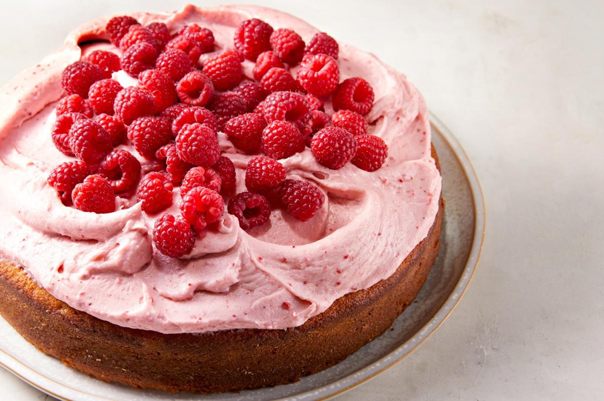 lemon snack cake with raspberry cream cheese frosting