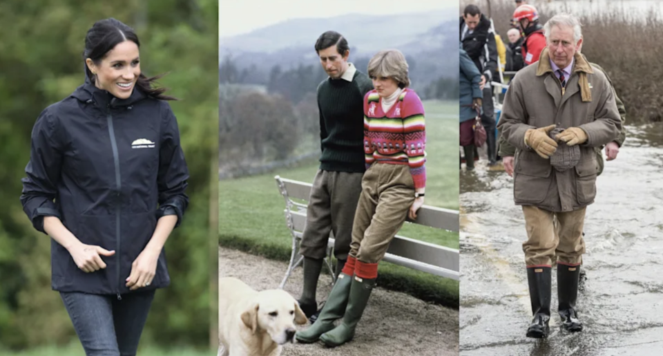 Meghan Markle, Princess Diana and prince charles wearing Hunter boots rain boots