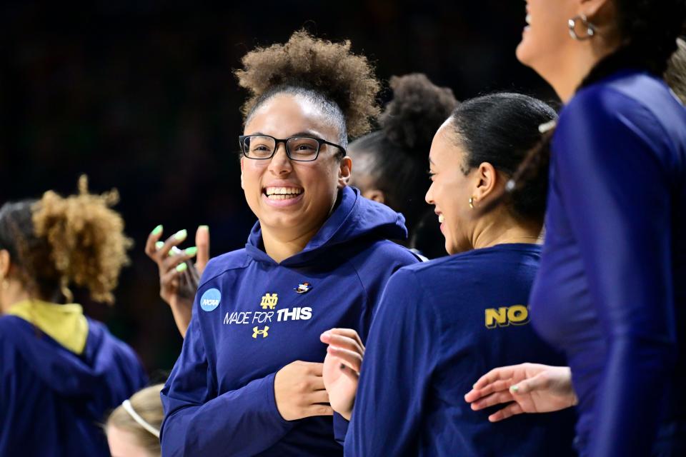 Mar 23, 2024; South Bend, Indiana, USA; Notre Dame Fighting Irish guard Olivia Miles reacts after Notre Dame defeated the Kent State Golden Flashes in the first round of the NCAA Tournament at the Purcell Pavilion. Mandatory Credit: Matt Cashore-USA TODAY Sports