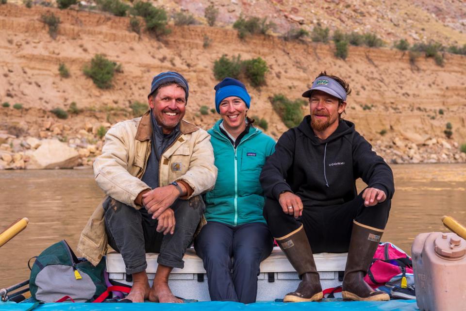 Mike DeHoff, Meg Flynn, and Pete Lefebvre (from left) helped identify the returning rapids of Cataract Canyon.