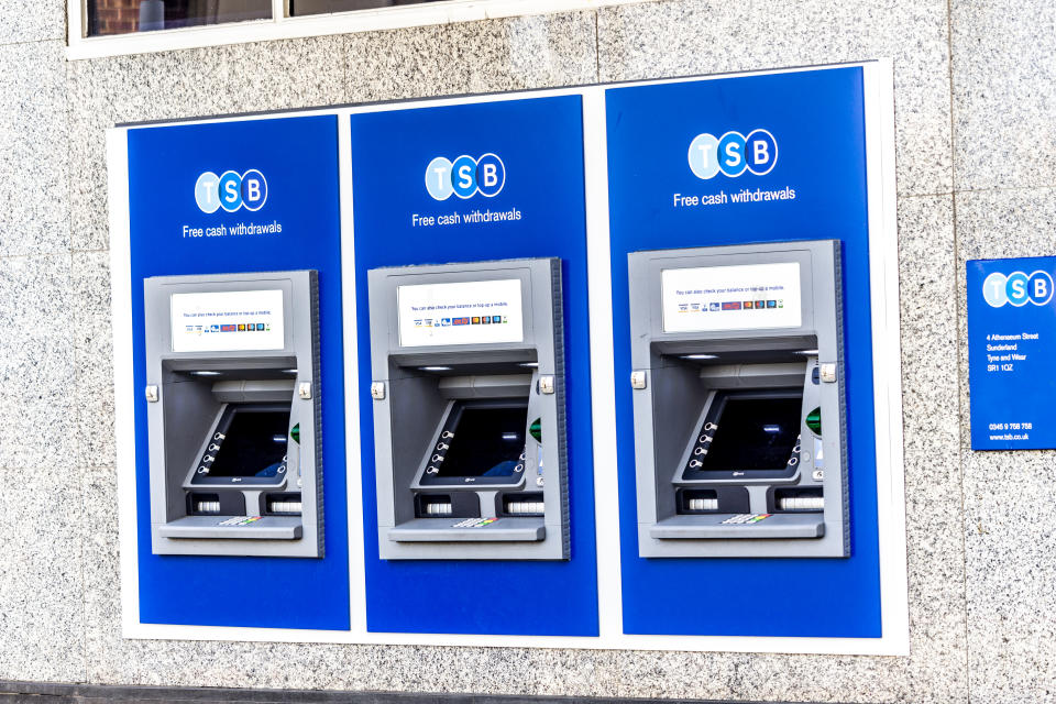 Sunderland UK 9th October 2019 Close up of three TSB cash machines or ATMs in a row.