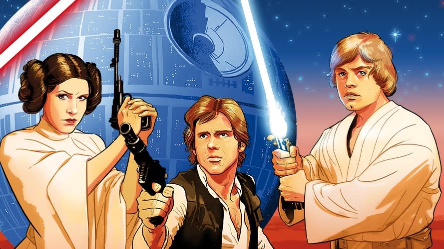  Princess Leia, Han Solo, and Luke Skywalker depicted in art for Star Wars: Unlimited. 