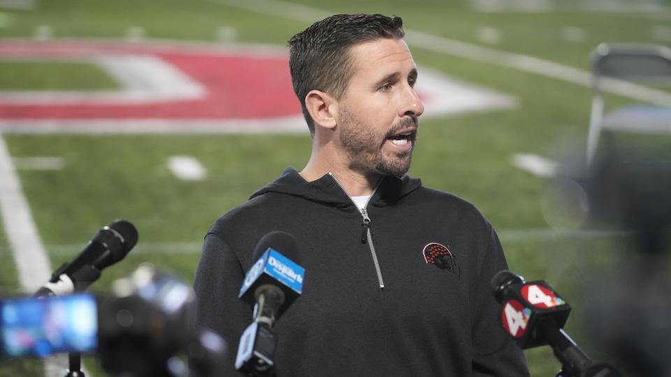 Feb 1, 2023; Brian Hartline talks with the media during an off-season news conference. He and other Ohio State football coaches addressed the media in the Woody Hayes Athletic Center. Mandatory Credit: Doral Chenoweth/The Columbus Dispatch