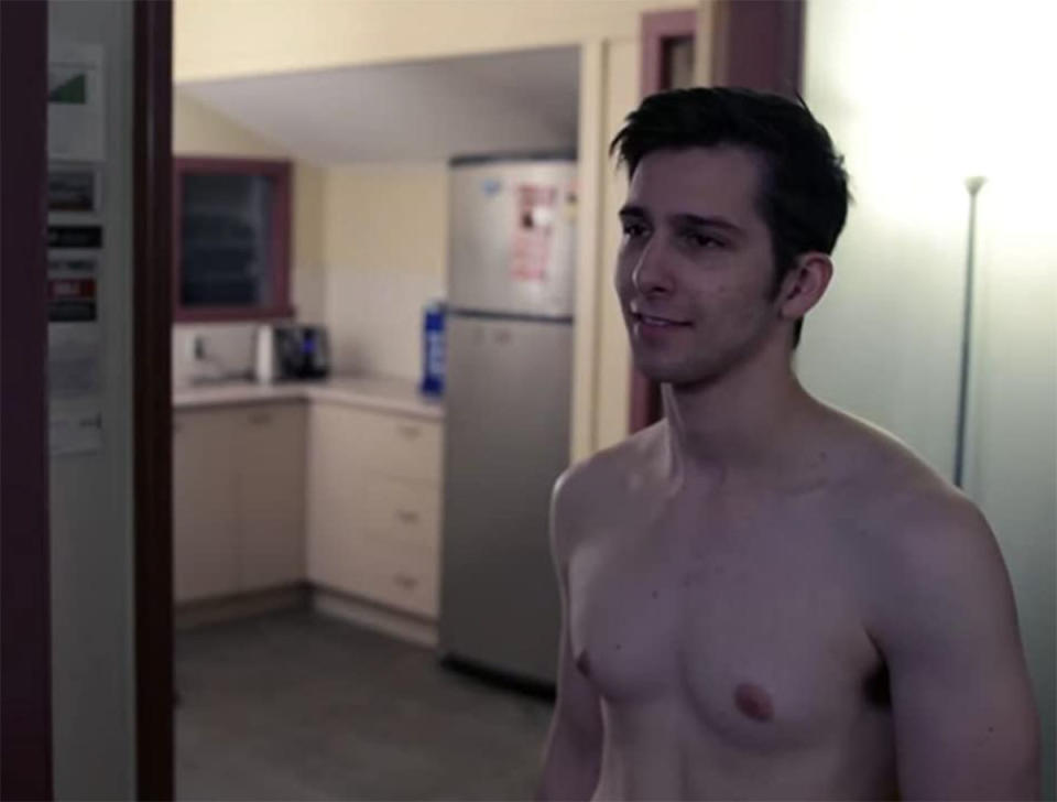 Beauty and the Geek contestant George Goldfeder is shirtless in a still from the short film, Consequence. Photo: Consequence (directed by Peter Michael).