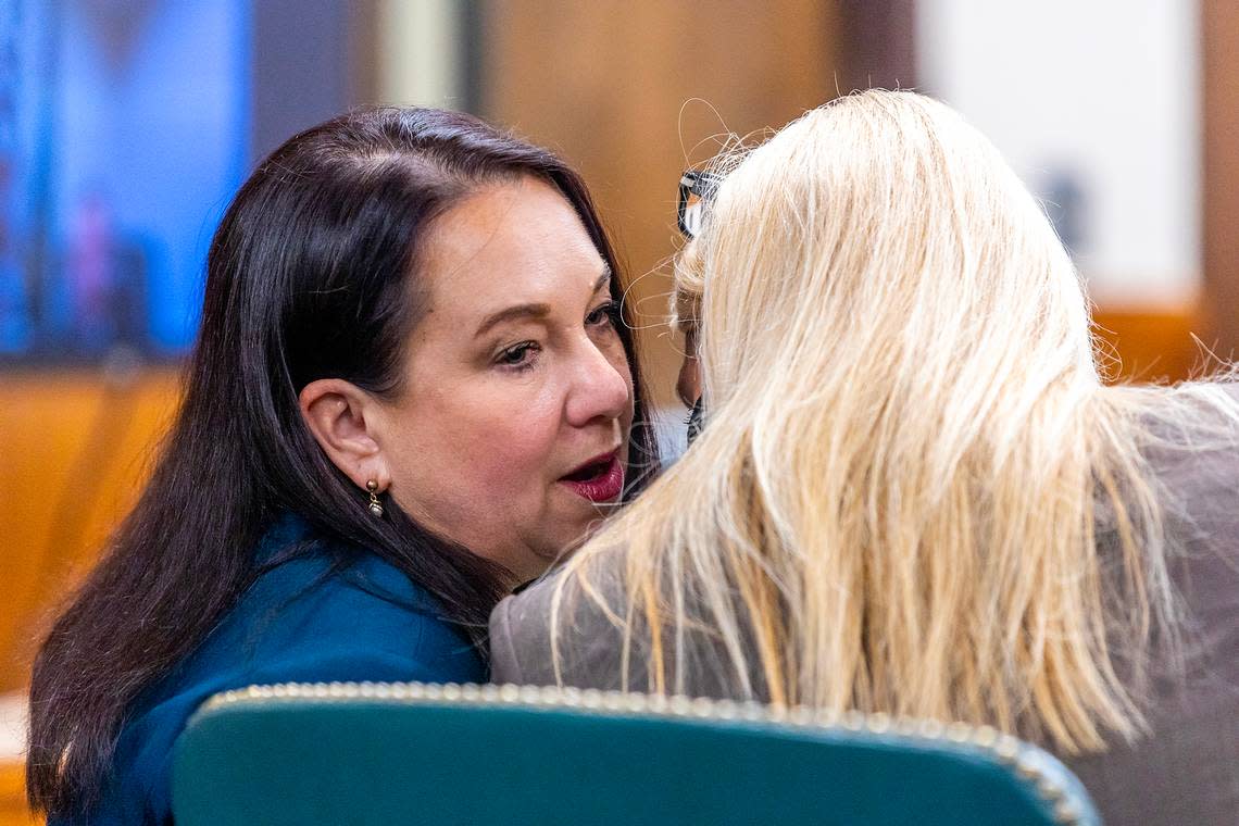 Elisa Massoth, left, a member of Bryan Kohberger’s defense team, talks with lead public defender Anne Taylor during a pretrial hearing Aug. 18 at the Latah County Courthouse in Moscow.