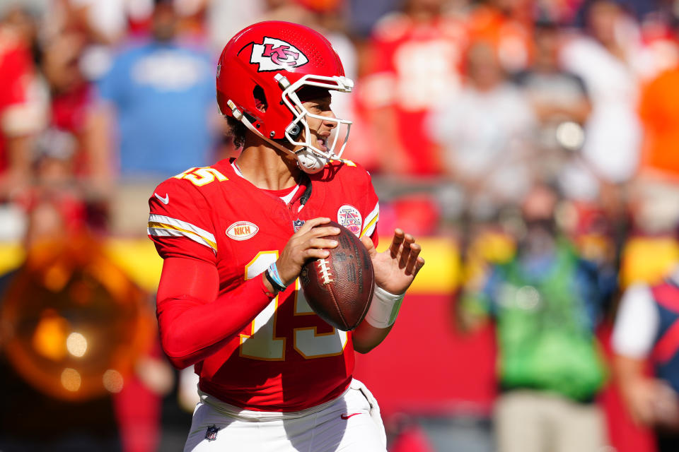 KANSAS CITY, MISSOURI - SEPTEMBER 24: Patrick Mahomes #15 of the Kansas City Chiefs looks to pass in the first half of a game against the Chicago Bears at GEHA Field at Arrowhead Stadium on September 24, 2023 in Kansas City, Missouri. (Photo by Jason Hanna/Getty Images)