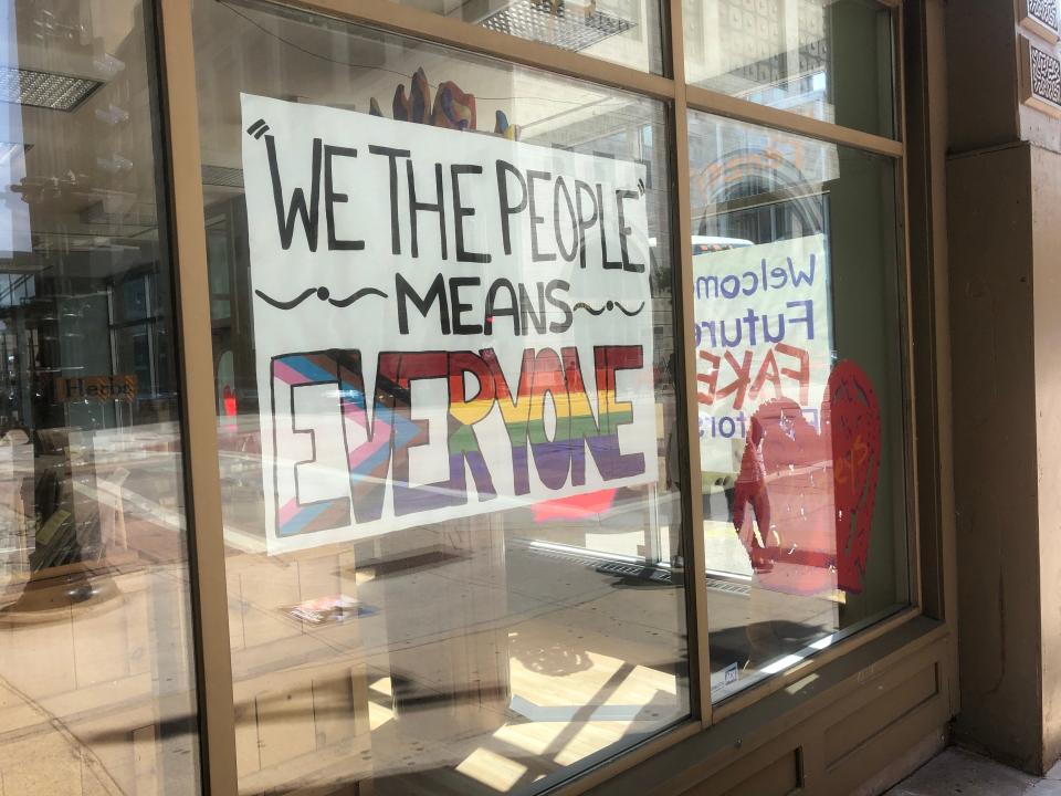 A new sign is in the window of Penzeys Spices in downtown Milwaukee on Tuesday, July 16, 2024.