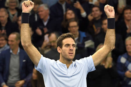 Tennis - Stockholm Open - Men Single Final - Stockholm, Sweden - October 22, 2017. Juan Martin Del Potro of Argentina gestures after wining with Grigor Dimitrov of Bulgaria. TT News Agency/Claudio Bresciani /via REUTERS