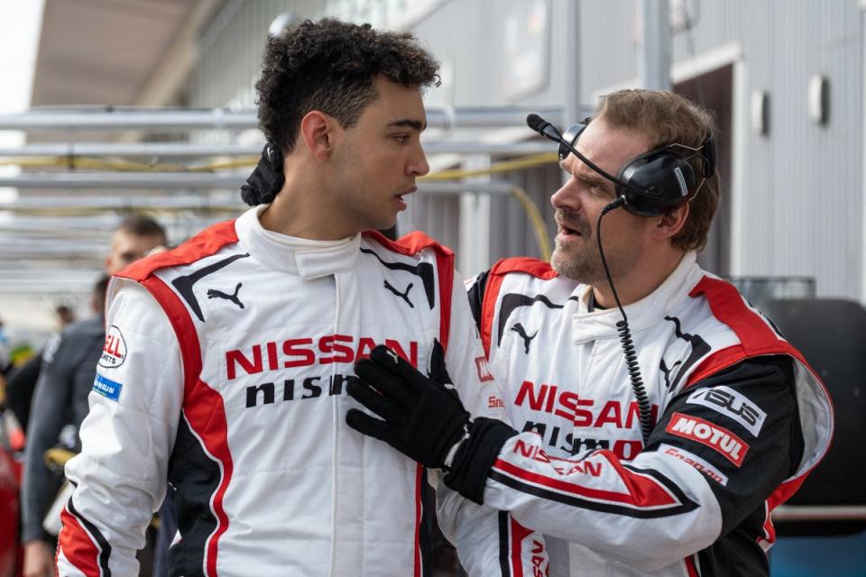 Archie Madekwe and David Harbour in Gran Turismo (Sony Pictures)