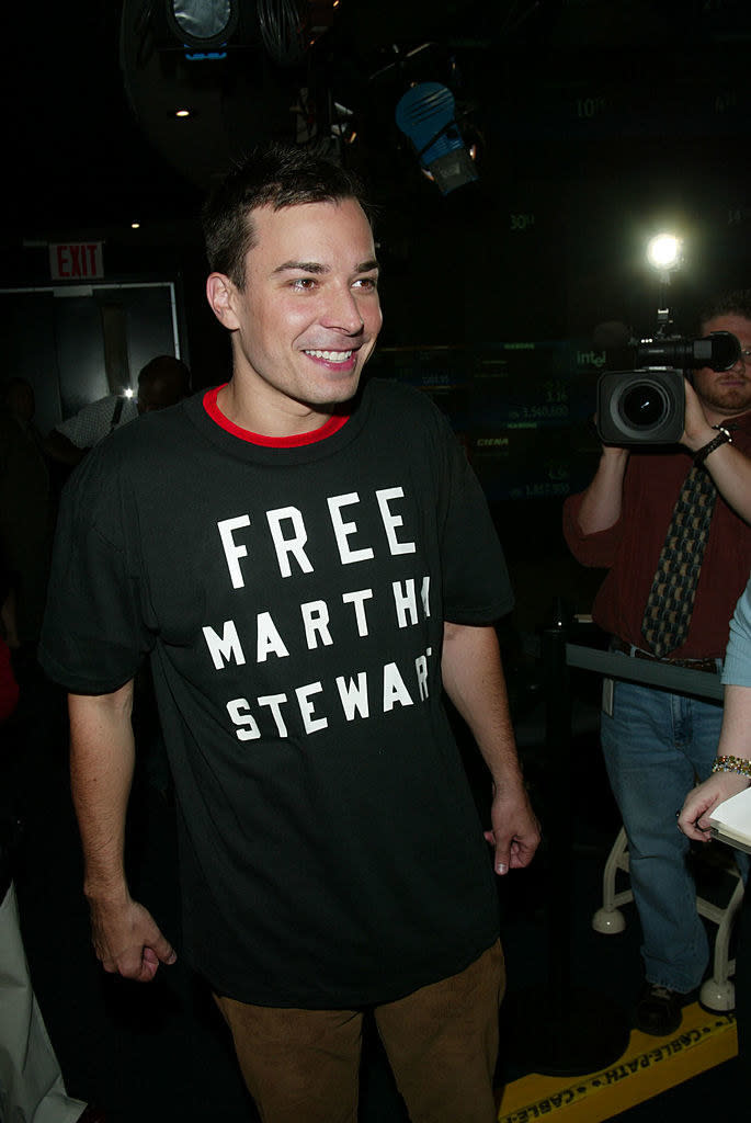 Jimmy Fallon wearing a shirt saying, "Free Martha Stewart."