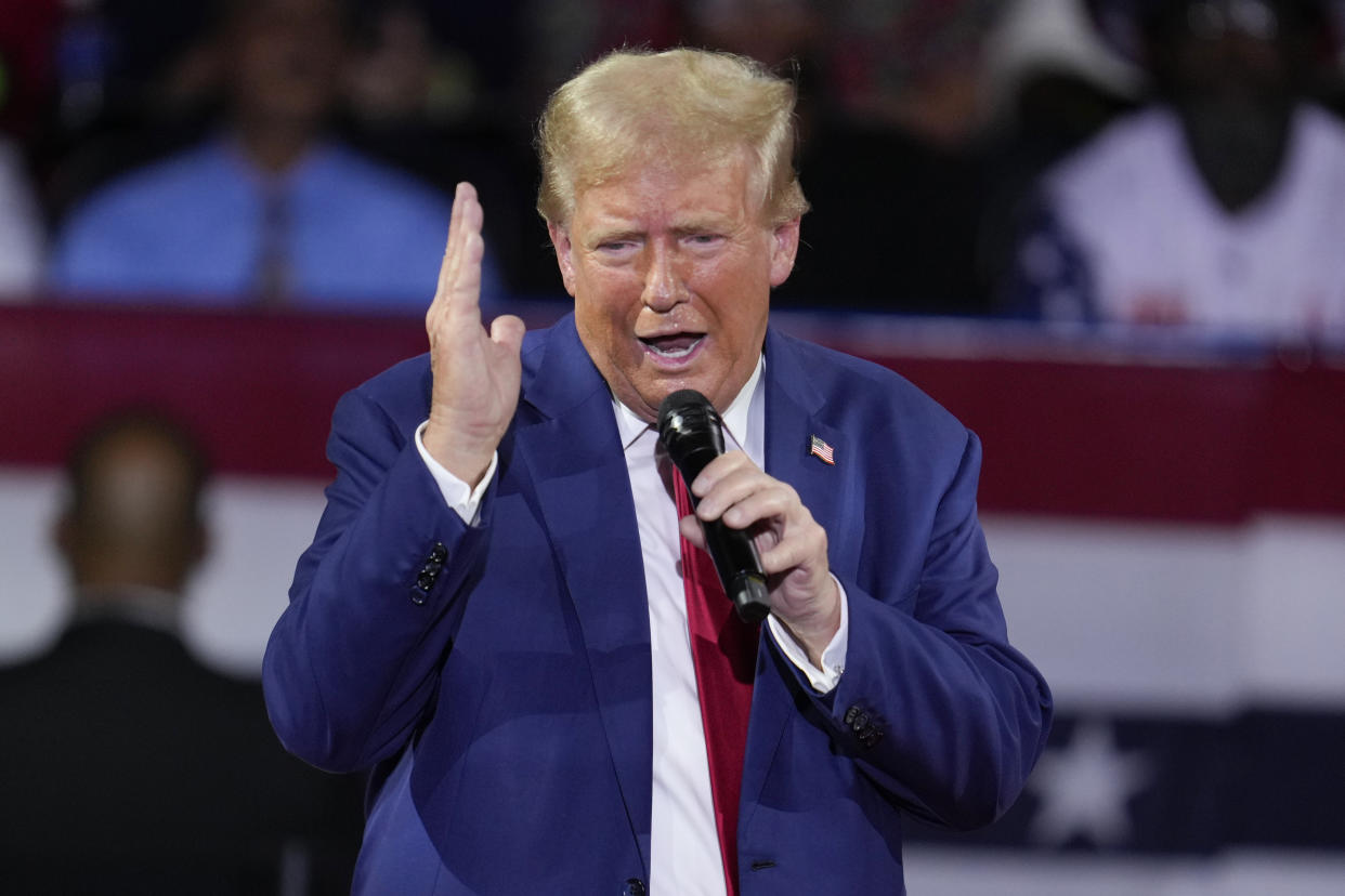 Republican presidential candidate former President Donald Trump speaks during a town hall event at the Dort Financial Center in Flint, Mich., Tuesday, Sept. 17, 2024. (AP Photo/Paul Sancya)