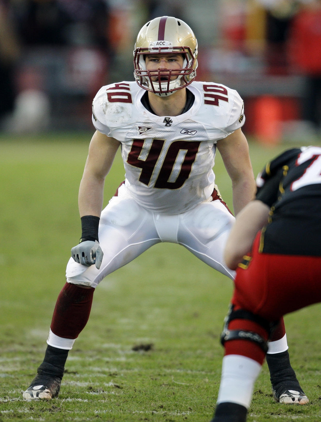 FILE -Boston College linebacker Luke Kuechly (40) lines up against the Maryland offense during the first half of an NCAA college football game in College Park, Md., Nov. 28, 2009. Kuechly was elected to the College Football Hall of Fame on Monday, Jan. 9, 2023. (AP Photo/Rob Carr, File)