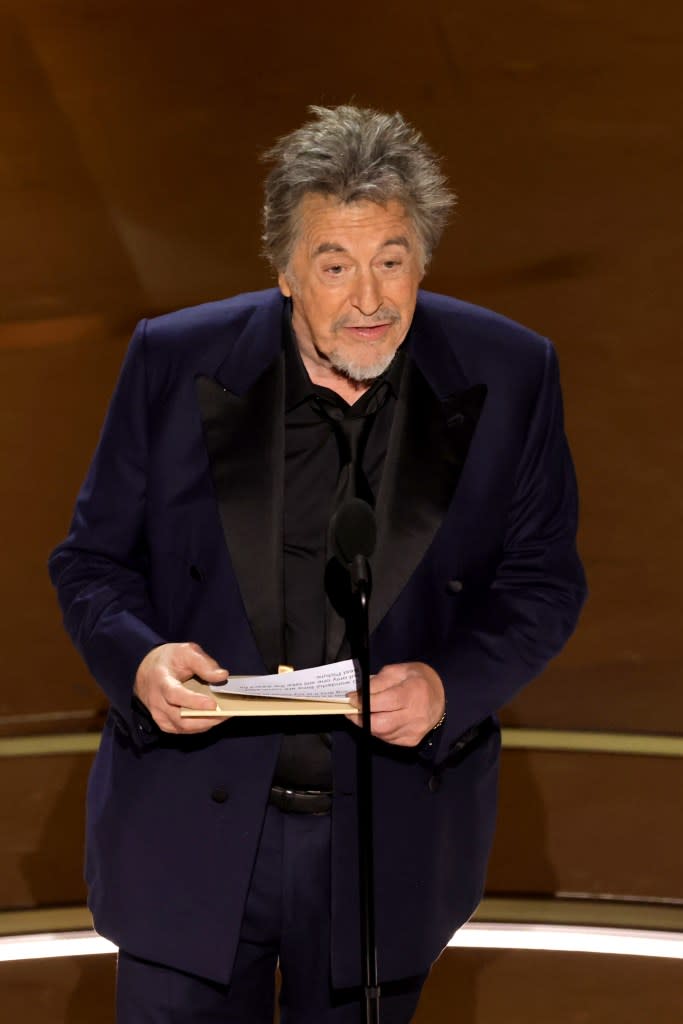 Pacino, who received a standing ovation as he took the stage, did not list the Best Picture nominees before announcing “Oppenheimer” as the winner. Getty Images