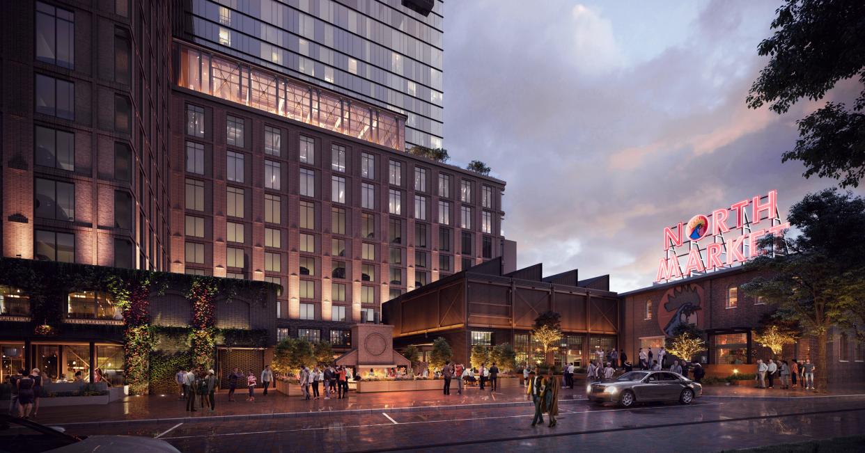 A digital rendering showing the expanded and renovated North Market, at right, and the adjacent 32-story Merchant Building, which is planned for completion by 2026.
(Credit: Columbus Department of Development)