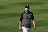 New York Yankees manager Aaron Boone during a baseball workout at Yankee Stadium in New York, Saturday, July 4, 2020. (AP Photo/Adam Hunger)