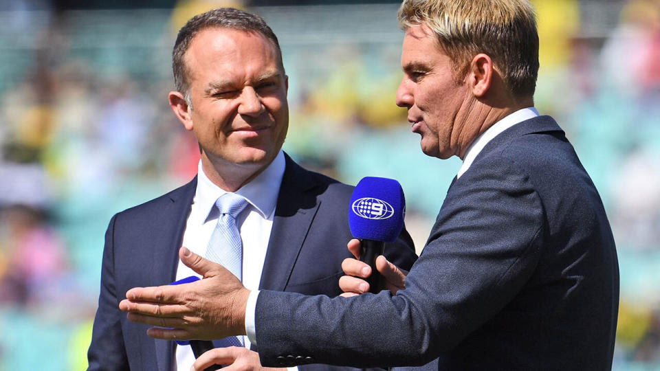 Michael Slater and Shane Warne in their time commentating for Channel Nine. (Image: WILLIAM WEST/AFP/Getty Images)