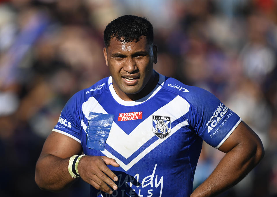 BUNDABERG, AUSTRALIA - JULY 30: Tevita Pangai Junior of the Bulldogs looks on during the round 22 NRL match between Canterbury Bulldogs and Dolphins at Salter Oval on July 30, 2023 in Bundaberg, Australia. (Photo by Ian Hitchcock/Getty Images)