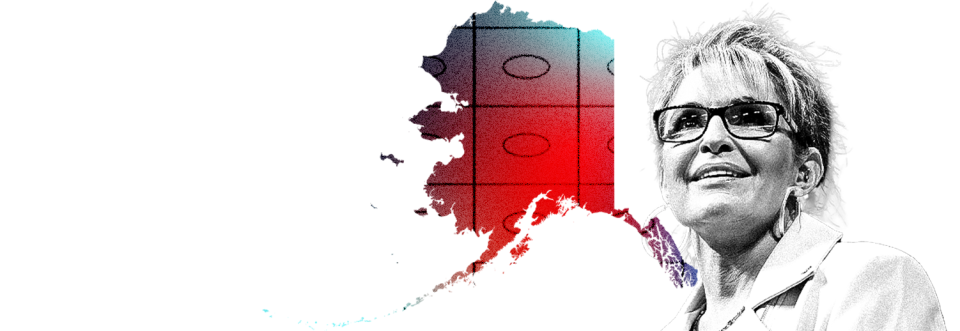 An outline of the state of Alaska with rows and columns of ballot bubbles beside Sarah Palin