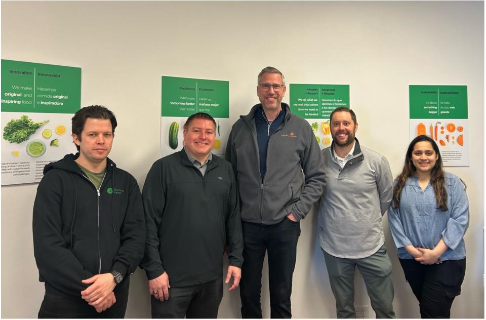 Figure 1: Treasurer <span>Frerichs</span> (middle) pictured with The Fresh Factory team members: Colin Gleeson, Bill Besenhofer, Carl Purnell, Siva Rangaswamy (left to right)