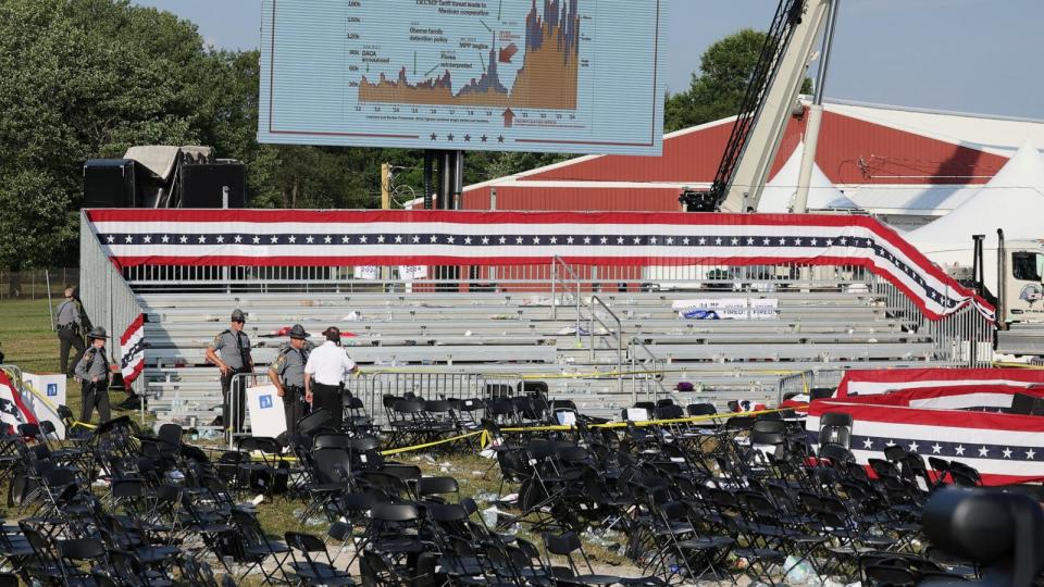 PHOTO: Security personnel inspect the site after gunfire rang out during a campaign rally at the Butler Farm Show in Butler, Pa., July 13, 2024. (Brendan Mcdermid/Reuters)