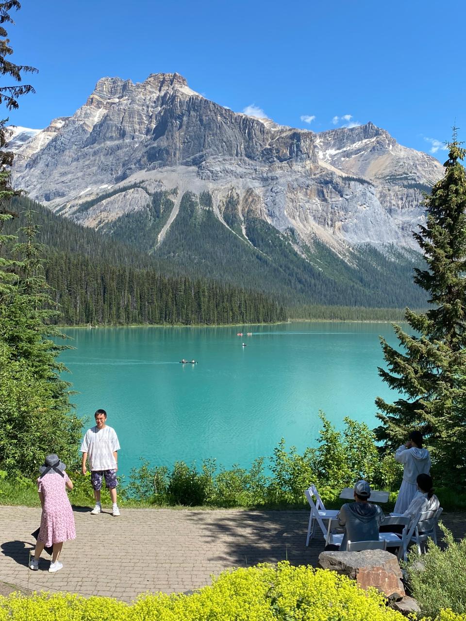 Picture-taking is a must at Emerald Lake, considered the most beautiful lake in the Canadian Rockies because of its shimmering, jade water. Surrounded by thick evergreen forests, it is the largest lake in Yoho National Park in British Columbia.