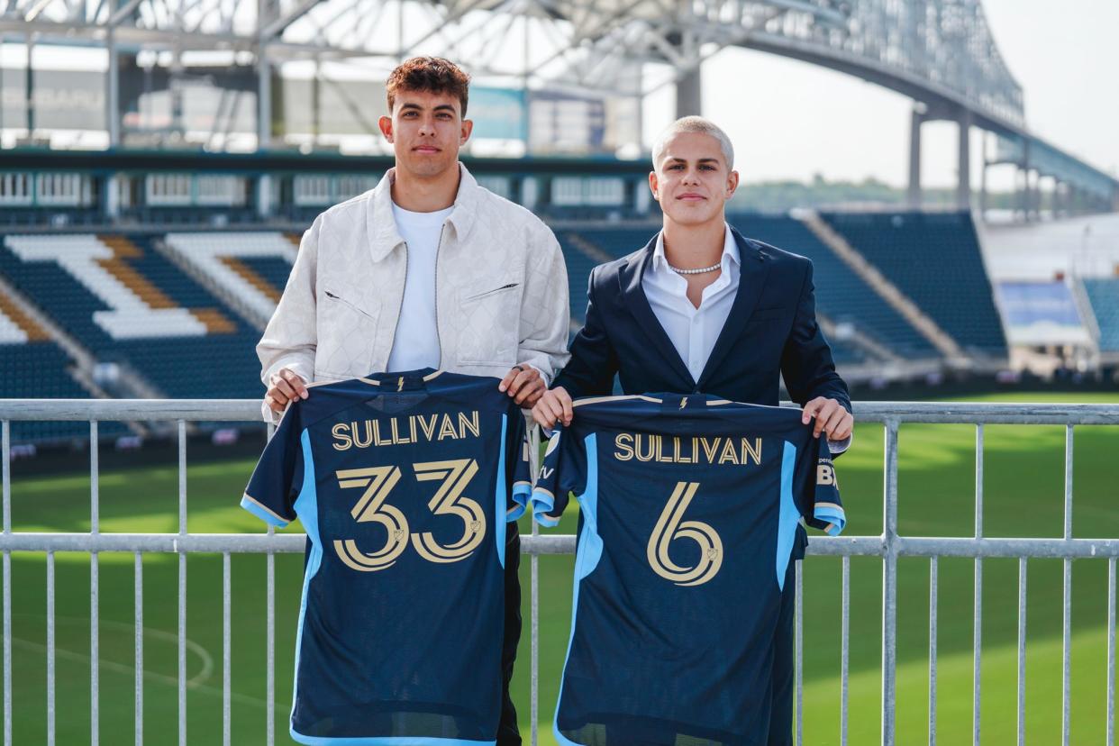 Cavan Sullivan, right, a 14-year-old American soccer phenom signed a four-year deal with the Philadelphia Union in Major League Soccer on Thursday, May 9, 2024. He poses for a photo with his 20-year-old brother Quinn, also on the Union team.