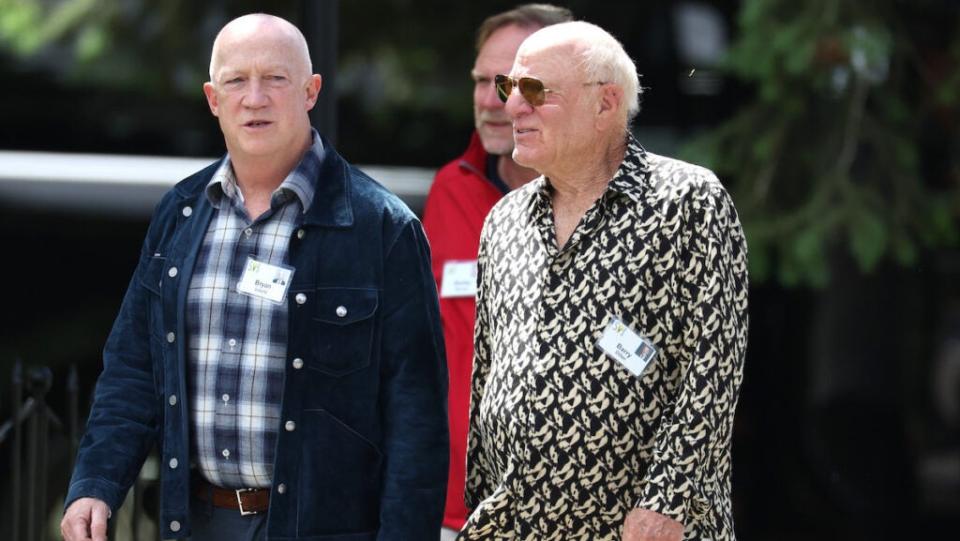 SUN VALLEY, IDAHO – JULY 13: Barry Diller (R), Chairperson of IAC, and Bryan Lourd, managing director and co-chairman of Creative Artists Agency, walk together at the Allen & Company Sun Valley Conference on July 13, 2023 in Sun Valley, Idaho. (Photo by Kevin Dietsch/Getty Images)