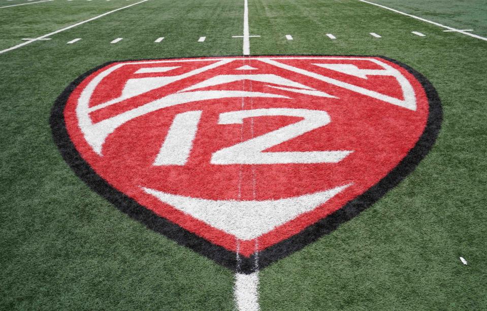Oct 19, 2019; Salt Lake City, UT, USA; Detailed view of the Pac-12 conference logo on the field at Rice-Eccles Stadium. Mandatory Credit: Kirby Lee-USA TODAY Sports