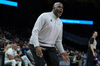 Atlanta Hawks head coach Nate McMillan reacts to an official's call in the first half of an NBA basketball game against the Sacramento Kings Wednesday, Jan. 26, 2022, in Atlanta. McMillan was charged with a technical foul. (AP Photo/John Bazemore)