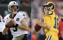 FILE - At left, in a Nov. 11, 2018, file photo, New Orleans Saints quarterback Drew Brees looks to pass in the first half of an NFL football game against the Cincinnati Bengals in Cincinnati. At right, in a Nov. 19, 2018, file photo, Los Angeles Rams quarterback Jared Goff warms up before an NFL football game against the Kansas City Chiefs in Los Angeles. The Rams and Saints will play in the NFC conference championship on Sunday, Jan. 20, in New Orleans. (AP Photo/File)