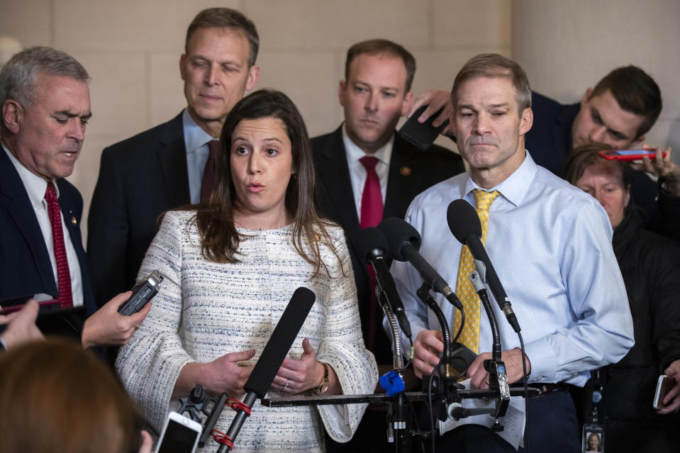 Rep. Elise Stefanik, R-N.Y., front left, Rep. Jim Jordan, R-Ohio, right, and other Republican members of the House Intelligence Committee, speak to members of the media as they conclude the testimony of U.S. Ambassador to the European Union Gordon Sondland, during a public impeachment hearing of President Donald Trump's efforts to tie U.S. aid for Ukraine to investigations of his political opponents on Capitol Hill in Washington, Nov. 20, 2019. ((Photo: Manuel Balce Ceneta/AP)