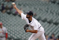 Detroit Tigers closing pitcher Michael Fulmer throws in the ninth inning of a baseball game against the St. Louis Cardinals in Detroit, Wednesday, June 23, 2021. Detroit won 6-2. (AP Photo/Paul Sancya)