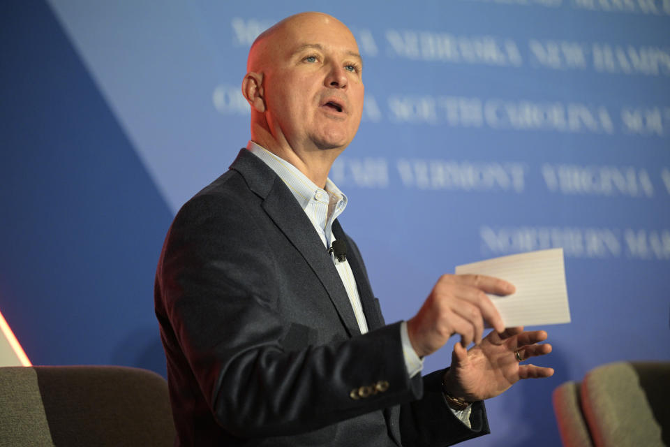 FILE - Nebraska Gov. Pete Ricketts takes part in a panel discussion during a Republican Governors Association conference, Nov. 15, 2022, in Orlando, Fla. Ricketts is expected to be appointed to the state's U.S. Senate seat being vacated by fellow Republican Ben Sasse. His appointment would come from a new governor Ricketts helped get elected. (AP Photo/Phelan M. Ebenhack, File)