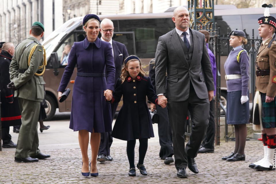 Zara, Mia and Mike Tindall arrive for the service. (Photo by Aaron Chown/PA Images via Getty Images)