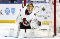 Ottawa Senators goaltender Joonas Korpisalo (70) makes a glove save during the first period of an NHL hockey game against the Buffalo Sabres Wednesday, March 27, 2024, in Buffalo, N.Y. (AP Photo/Jeffrey T. Barnes)