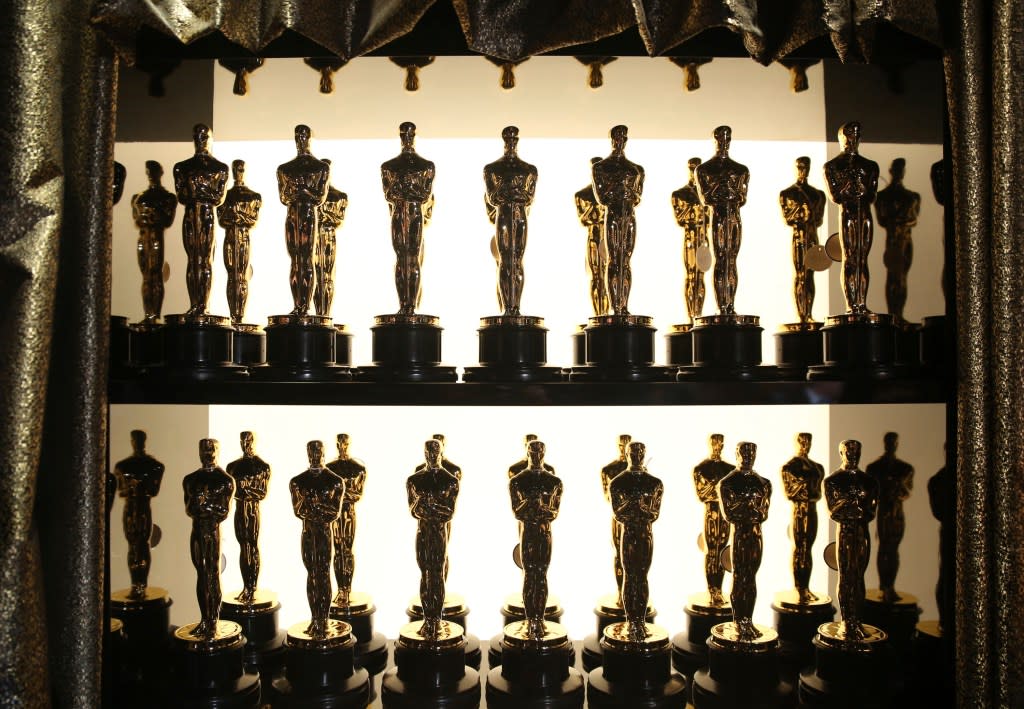 Oscar statuettes appear backstage at the Oscars at the Dolby Theatre on Feb. 28, 2016, in Los Angeles. Nominations for the 2024 Oscars were announced on Tuesday, Jan. 23. (Photo by Matt Sayles/Invision/AP, File)