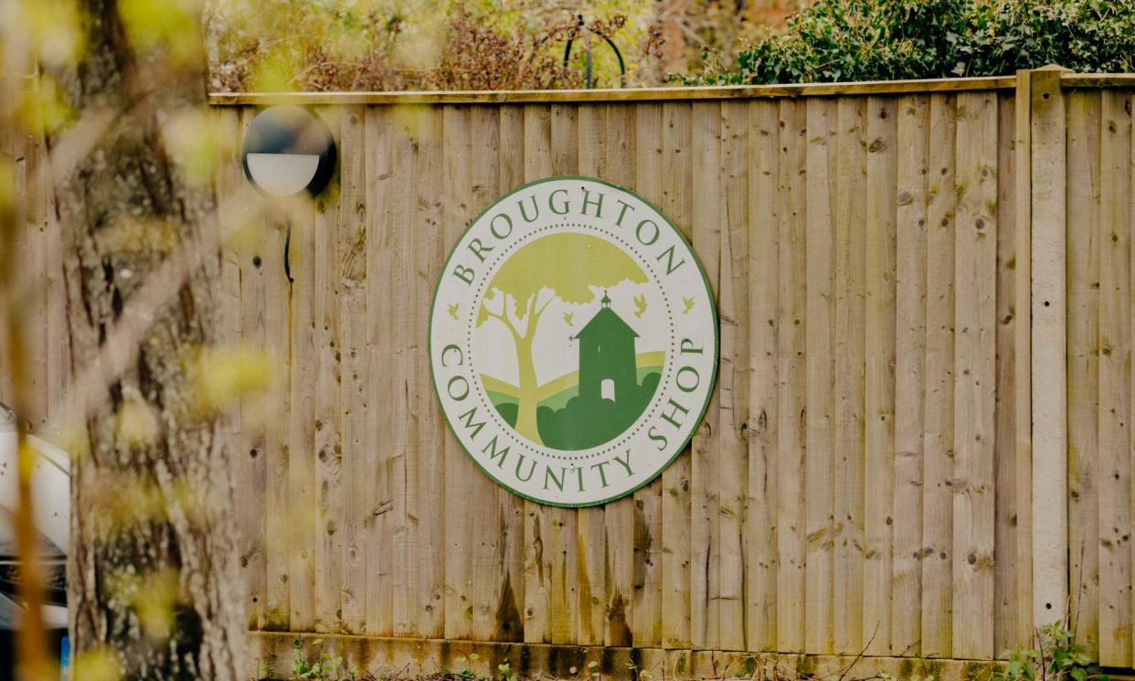 <span>A sign outside Broughton community shop, which had dozens of animals dumped outside it.</span><span>Photograph: Peter Flude/The Guardian</span>