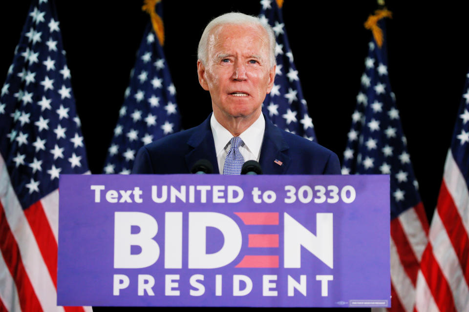 U.S. Democratic presidential candidate and former Vice President Joe Biden speaks during a campaign event about the U.S. economy at Delaware State University in Dover, Delaware, U.S., June 5, 2020.(Jim Bourg/Reuters)